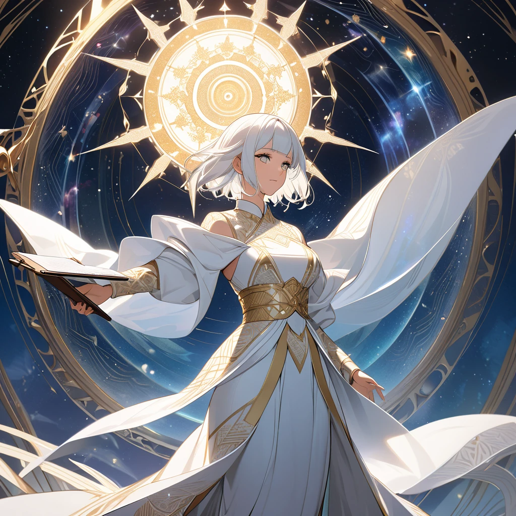 A meticulous Judge's loyal Assistant with a clipboard in hand, a meticulous young woman, embodying precision and diligence, stands erect in a serene cosmic landscape. She wears a traditional professional attires, its pristine white fabric exuding cleanliness and rigor. The intricate patterns, delicately woven, shimmer with an otherworldly glow, as if infused with celestial energy.