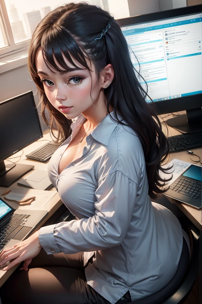 (best quality,4k,8k,highres,masterpiece:1.2),ultra-detailed,realistic:1.37,portrait,computer,earning money,working from home,sitting at desk,professional,serious, open shirt, cum all over her face, expression,concentrated,focused,keyboard,mouse,desktop computer,multiple monitors,multi-tasking,productive,financial success,wealthy,successful,online business,laptop,coding,typing,optimization,analytics,data analysis,computer programming,programming languages,algorithm,innovation,tech industry,modern technology,progress,efficiency,workspace,organized,neat,clean,dressed professionally,business attire,brightly lit room,office environment,vivid colors,comfortable chair,ergonomic setup,work-life balance,achievement,fulfillment
