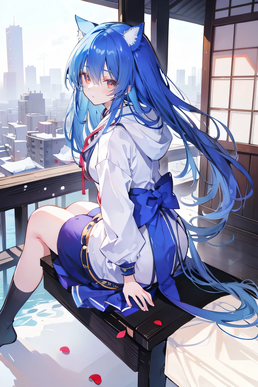 (masterpiece:1.2),Super detailed,lifelike,Expressive eyes,fair skin,perfect face shape,1 girl,
Japanese comics,Gorgeous blue hair,flowing blue hair,flowing clothes,Cat ears,Petals fall,beautiful lola,Baby Angel,
Cross your legs,Gentle and peaceful background,The pavilion is cool and comfortable,smile, wearing hoodie, background of tokyo,back views,snowing, winter.