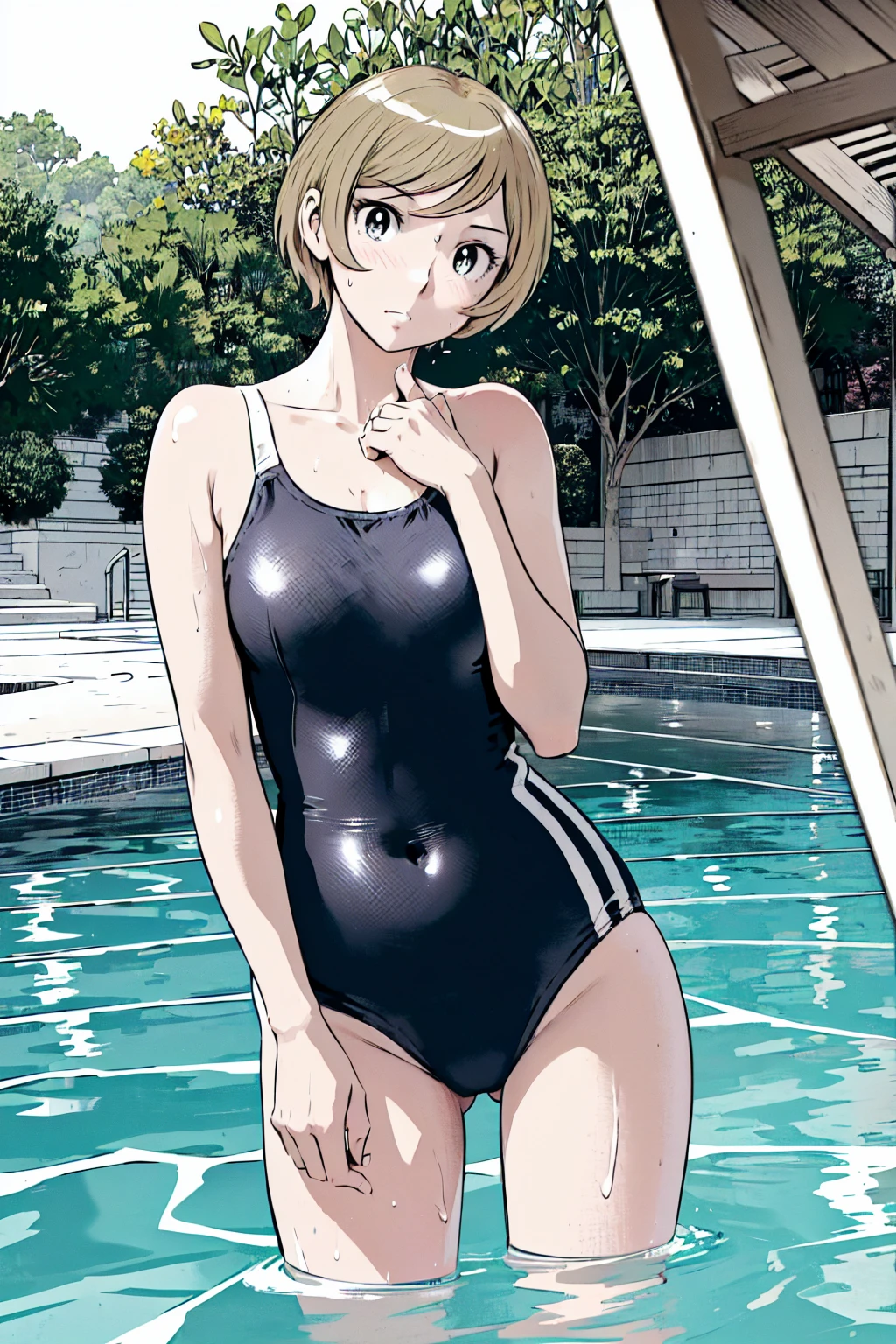 Blue school swimsuit、(masterpiece、Highest quality)、Highest quality, Ultra-high resolution, (((masterpiece))), alone, Sweat、Big eyes, Composition from the front、Shortcuts、Embarrassed face、Blonde、Cut your hair short、School swimming pool、short hair、Pussy Line、Browsing Caution、Butt