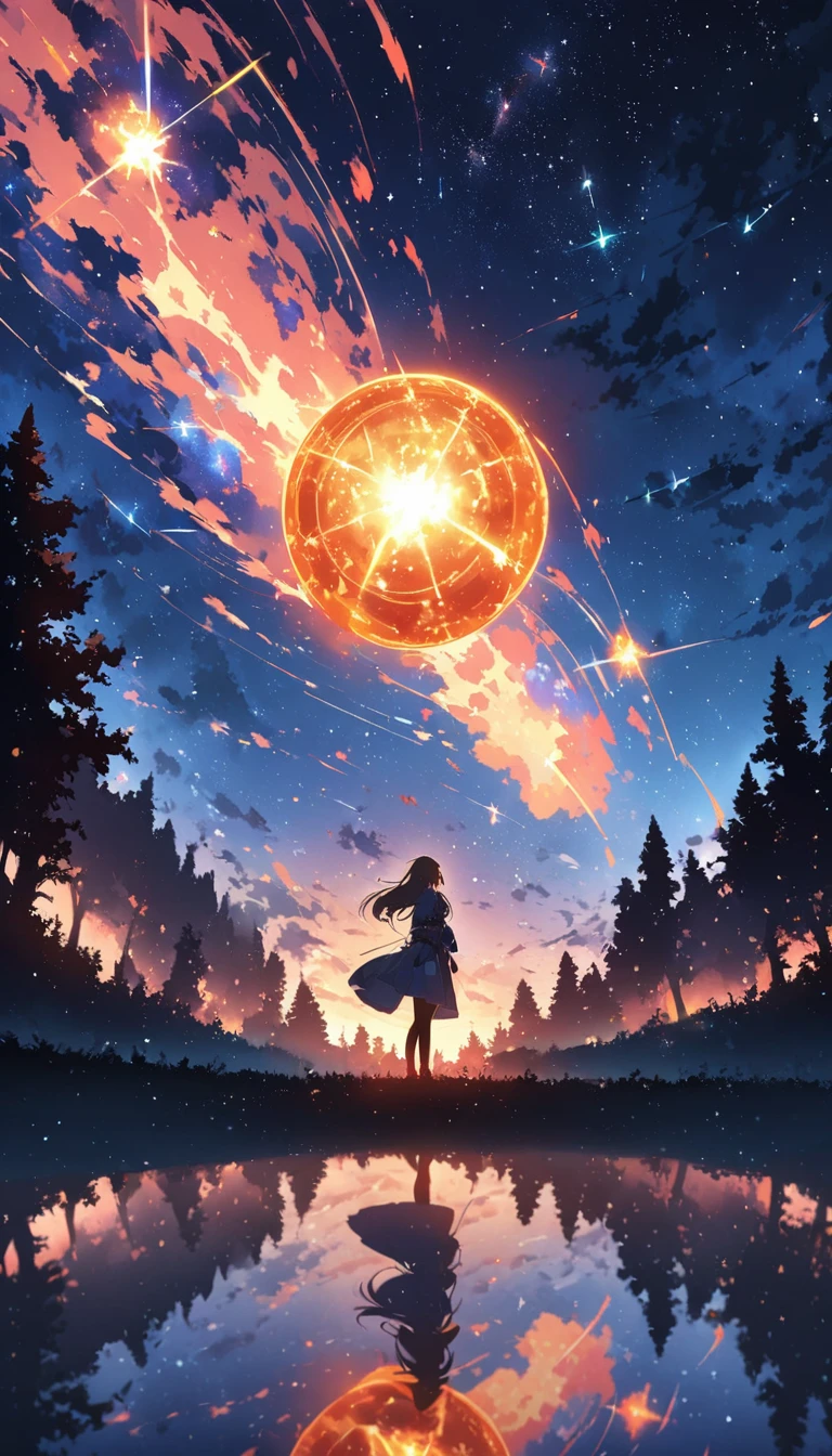 masterpiece、background((excellent starry sky、meteor、Magic Circle))、depth((Huge trees、excellent、luminescent))、A beautiful girl、piece、Rear view、From face to waist，Anime inspired by Makoto Shinkai, Space art，mystery，light