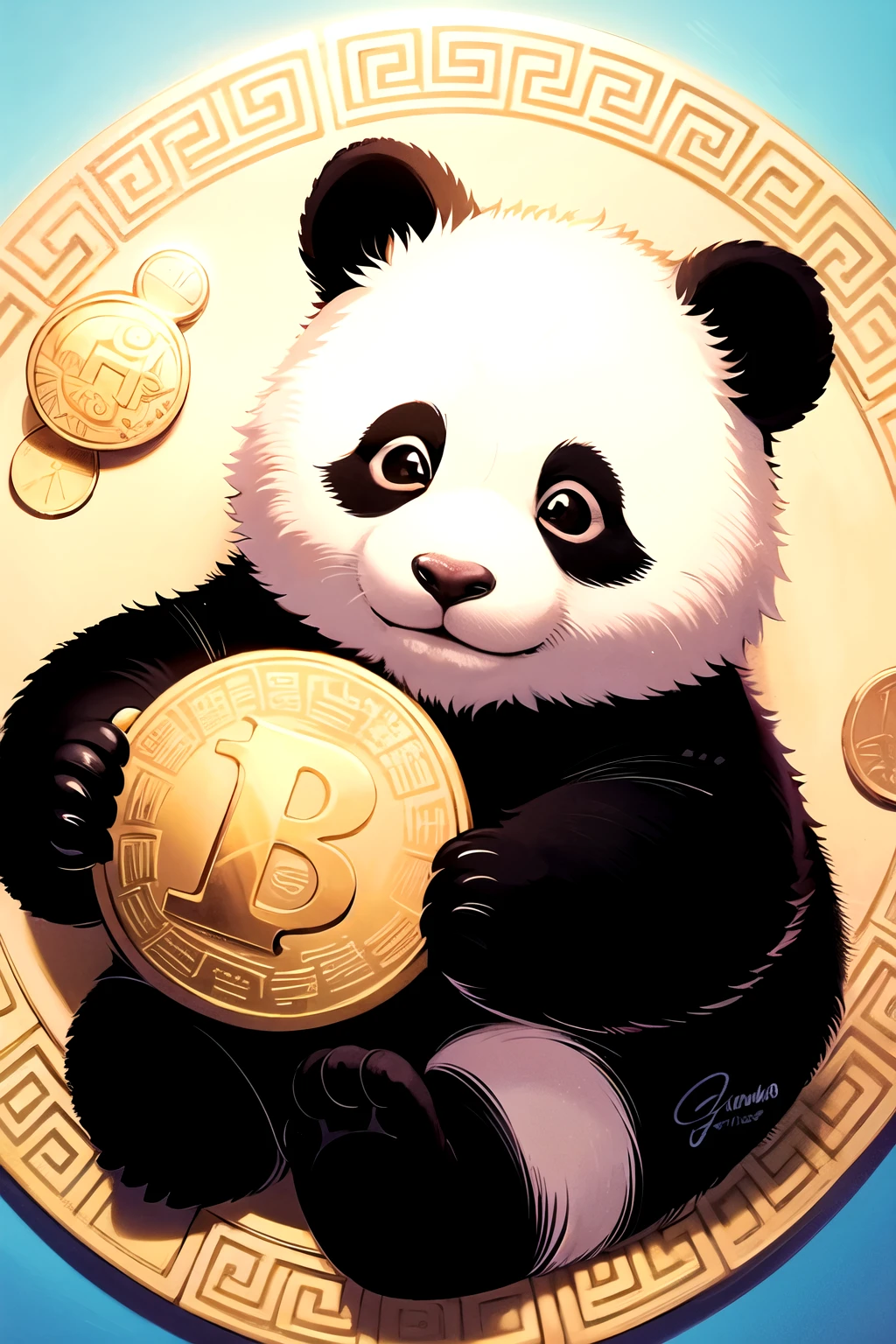 a logo with a light blue circular background and in front of it a cartoonish baby panda surrounded by many gold coins and holding a gold coin in his hands 