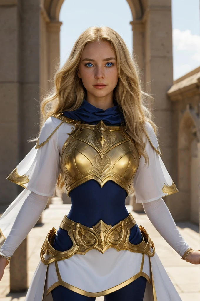 Luxxana Crownguard,wide-shot, a sexy woman, beautiful face, depth of field, business woman,he is depicted wearing her signature armor: a blue and white mage armor with gold accents, a white skirt with gold trim, and a blue tabard featuring her house crest. She has long, flowing blonde hair and bright blue eyes. She wields a staff with a glowing crystal at the top, and her expression is confident and radiant