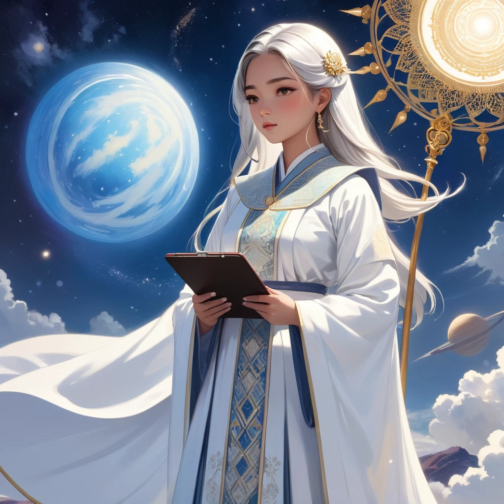 A Severe Judge's loyal Assistant with a clipboard in hand, a meticulous young woman, embodying precision and diligence, stands erect in a serene cosmic landscape. She wears a traditional professional attires, its pristine white fabric exuding cleanliness and rigor. The intricate patterns, delicately woven, shimmer with an otherworldly glow, as if infused with celestial energy. 