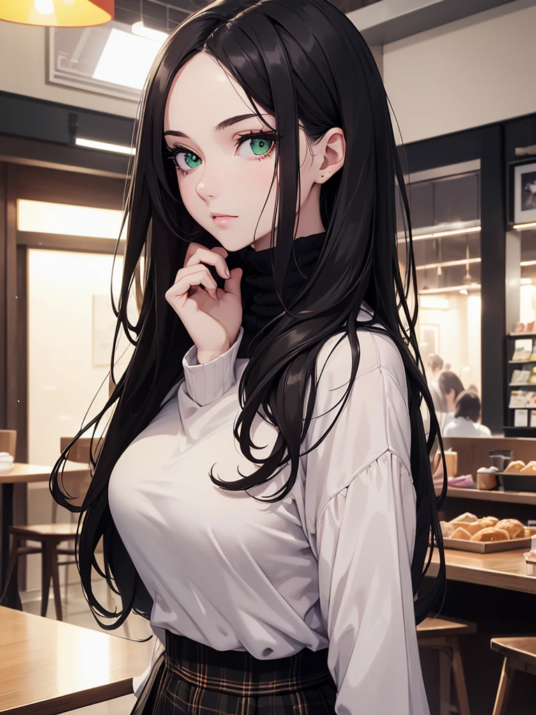 (8K, Best Quality, Masterpiece, Ultra High Resolution) 1 Girl, Woman, Beautiful Eyes, Face Details, Black Hair, Long Hair, Green Eyes, Pale Skin, Black Turtleneck Shirt, Plaid Skirt, Cafe, Tokyo, Best Quality, Upper Body, Looking at the Viewer, Facing Viewer, Close Up