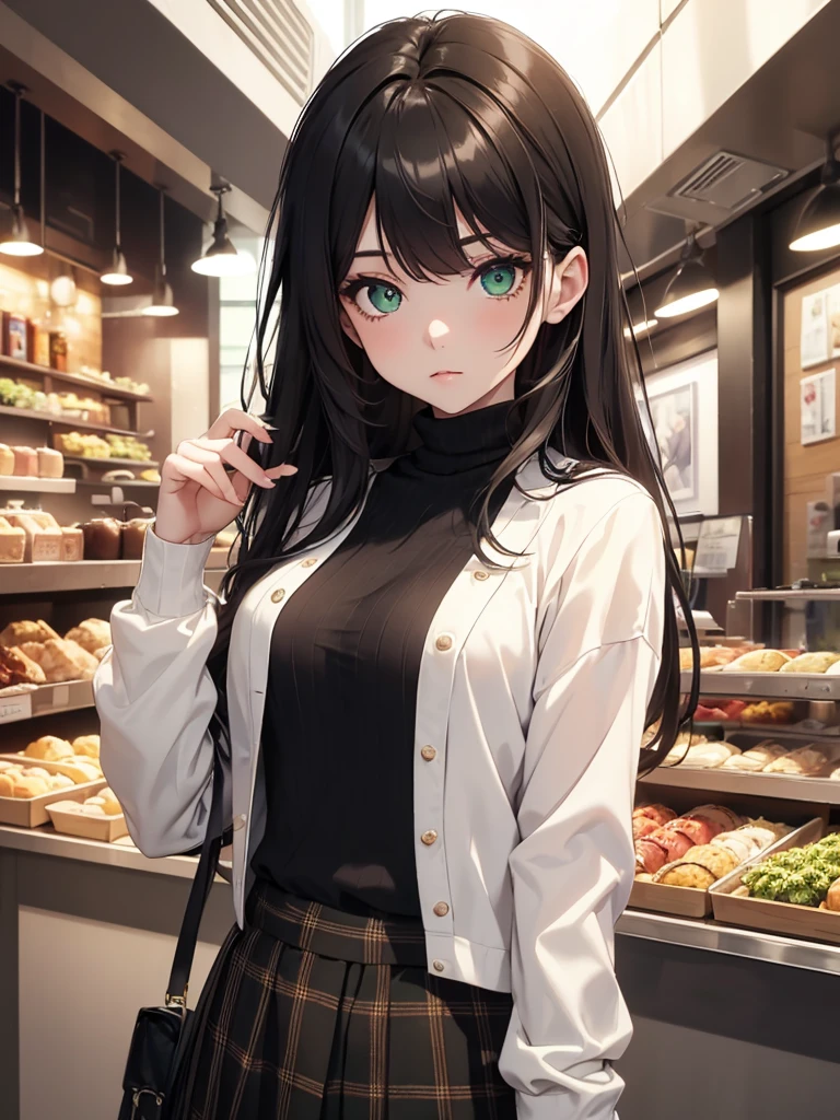 (8K, Best Quality, Masterpiece, Ultra High Resolution) 1 Girl, Woman, Beautiful Eyes, Face Details, Black Hair, Long Hair, Green Eyes, Pale Skin, Black Turtleneck Shirt, Plaid Skirt, Cafe, Tokyo, Best Quality, Upper Body, Looking at the Viewer, Facing Viewer, Close Up