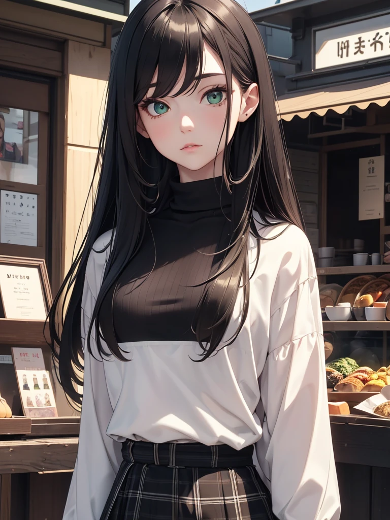 (8K, Best Quality, Masterpiece, Ultra High Resolution) 1 Girl, Woman, Beautiful Eyes, Face Details, Black Hair, Long Hair, Green Eyes, Pale Skin, Black Turtleneck Shirt, Plaid Skirt, Cafe, Tokyo, Best Quality, Upper Body, Looking at the Viewer, Facing Viewer, Close Up