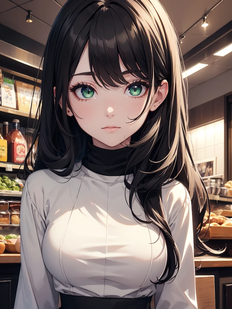 (8K, Best Quality, Masterpiece, Ultra High Resolution) 1 Girl, Woman, Beautiful Eyes, Face Details, Black Hair, Long Hair, Green Eyes, Pale Skin, Black Turtleneck Shirt, Plaid Skirt, Cafe, Tokyo, Best Quality, Upper Body, Looking at the Viewer, Facing Viewer, Close Up