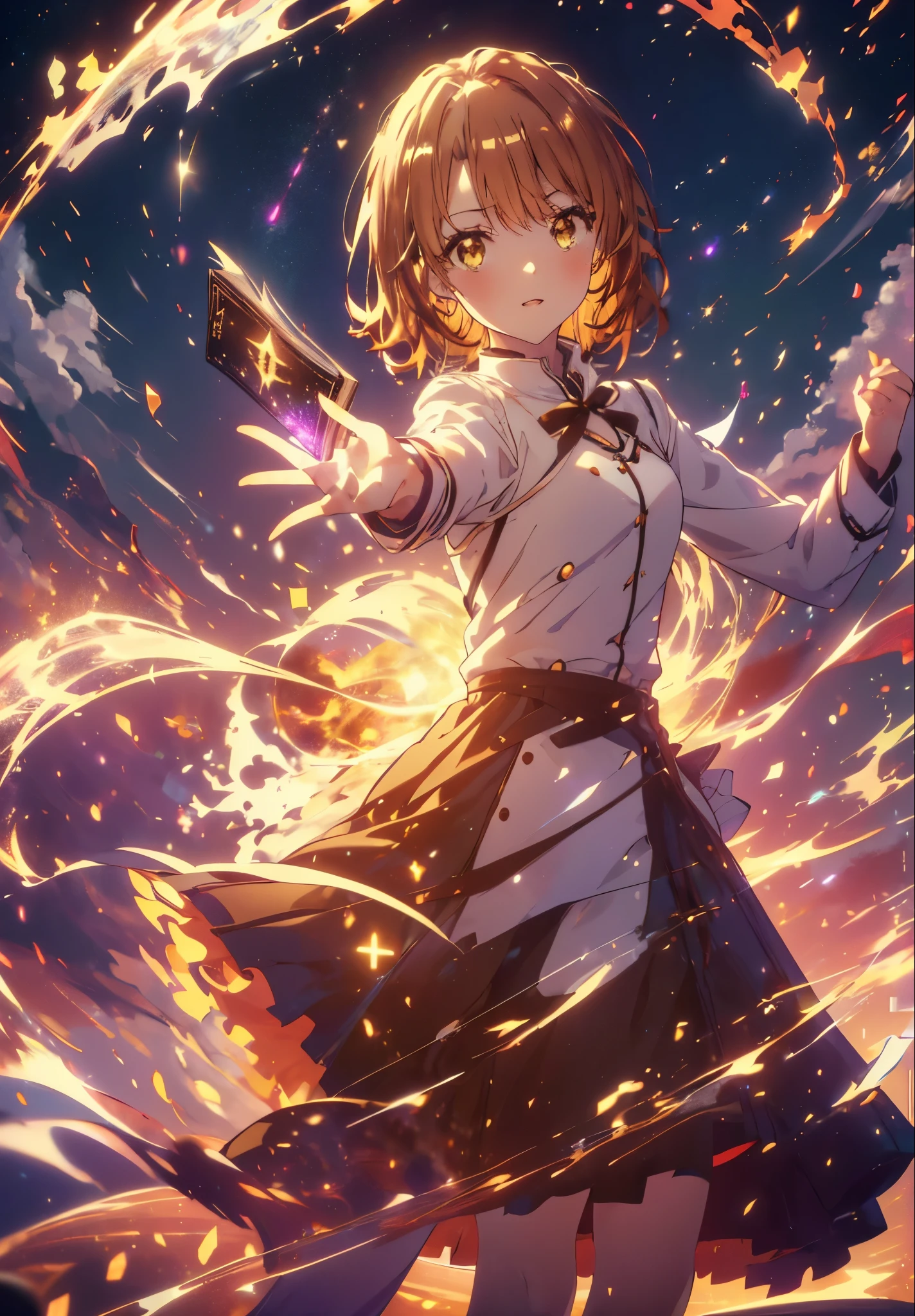 Irohaisshiki, isshiki iroha, Short Hair, Brown Hair, (Brown eyes:1.5), smile,((Night Sky)),((Big full moon)),((Sparkling and colorful stars)),Fluffy hair,((Idol style costume with soft volume)),Long skirt,Pointed shoes,Holding a magic book in his right hand,Uses magic with left hand,((witch)),Rubik&#39;s Square,So that the whole body goes into the illustration,
break outdoors, forest,forest
break looking at viewer,Upper Body,
break (masterpiece:1.2), Highest quality, High resolution, unity 8k wallpaper, (shape:0.8), (Narrow and beautiful eyes:1.6), Highly detailed face, Perfect lighting, Highly detailed CG, (Perfect hands, Perfect Anatomy),