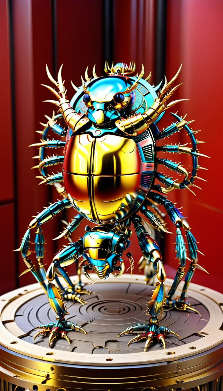 There is no one, Reality Photos, Reality Photos, Realistic photo of a golden scarab-like creature, spikes, multicolored sparkling, strange and, Surreal and, the other world, A robotic factory with a shiny assembly plant, intricate details, very sharp, Sophisticated details, Flawless composition, vivid colors, masterpiece, futuristic, metal decoration, The shiny red interior is empty., polished, ray tracing