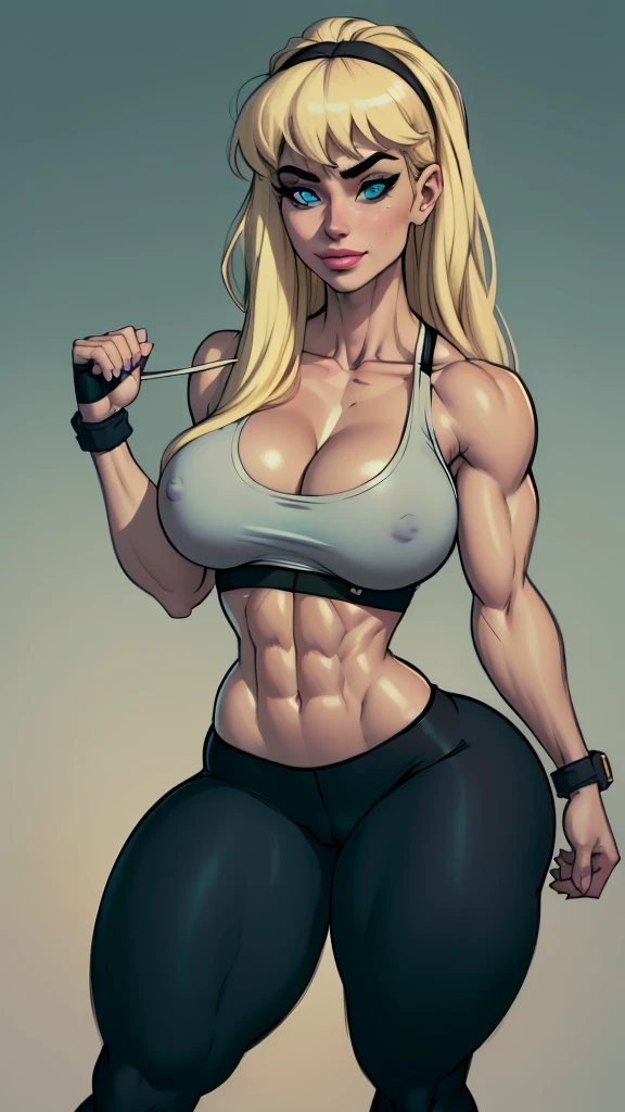 (gym), WITH YOUR BACK TO THE CAMERA,((ultra quality)), ((masterpiece)), supes, cute smile, smile, ((long blonde hair)), (Beautiful face), (beautiful female lips), charming, ((sexy facial expression)), (white skin color), (white skin), glare on the body, ((detailed beautiful female eyes)), ((blue eyes)), (juicy female lips), (dark eyeliner), (tank top, midriff, ), ( black headband))), (((leggings))), wide eyebrows, abs, slanted green eyes, makeup eyelids, big cheekbones, thin cheeks, defined jaw, (beautiful female hands), ((ideal female figure)), ideal female body, beautiful waist, gorgeous thighs, beautiful huge breasts, cleavage,((subtle and beautiful)), sexy worth
