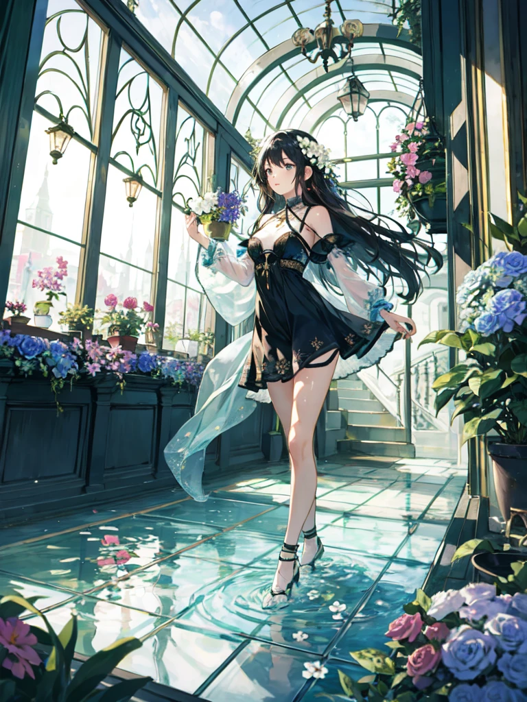 The combination of women and flowers，Colorful，dream，conservatory，glass building，water surface，a girl，There are many flowers on the body，dynamic poses，looking into camera，As if he had something to say