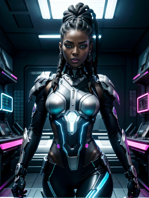 A striking black woman in an imposing futuristic post-apocalyptic cyberpunk environment full of technological details. The woman has rich, deep skin, with ebony tones that glow under the scene's neon lighting. Her hair is a bold combination of dreadlocks and braids, decorated with metallic threads and small LEDs that blink softly, reflecting the colorful lights in the room. His face is sculpted with strong, elegant features, highlighting piercing eyes that glow with a cybernetic blue intensity. She wears metallic makeup, with silver shadows and lips painted an intense purple, adding a touch of mystery and power. His athletic body is encased in a futuristic combat suit made from synthetic and metallic materials. The look is a combination of black, silver and neon blue, with details that suggest high technology, such as embedded circuits and light panels. Plates of armor protect his shoulders, arms, and legs, while cables and wires connect to devices on his body, indicating a perfect fusion between human and machine. giving it a lively and dynamic appearance, Hyper Realistic, Cinematic.