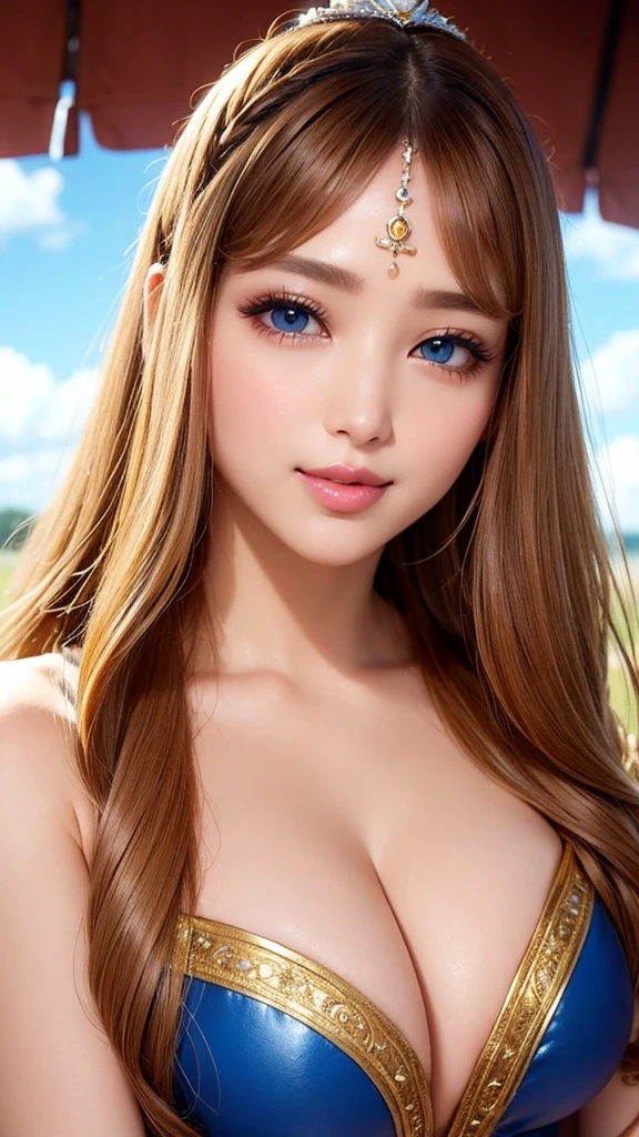 Beauty, Mystical Eyes、Big 、Super sexy、Pale skin、Shiny Hair、Super long hair、Loose and fluffy perm、Close to blonde、Are fat、fat、smile、Heavy makeup、Pink lipstick、Thick lipoisturized lips、Plump、Voluptuous、Indian、spring、Blue sky、White cloud、looking at the camera、Has bangs、Bangs fall on the forehead、Heavy makeup、Heavy makeup、The face is dark、Exotic Face
