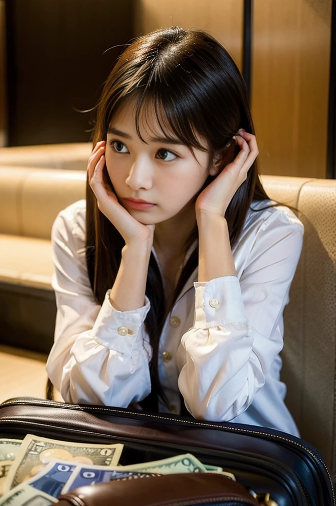 A beautiful young woman holding her head in distress, surrounded by foreign currency and travel items. She is sitting at an airport or in a hotel room, looking worried and confused. The background includes a suitcase, passport, and various international banknotes scattered around. The lighting is dramatic, emphasizing her expression of concern. The scene conveys the stress of dealing with unfamiliar money laws while traveling abroad