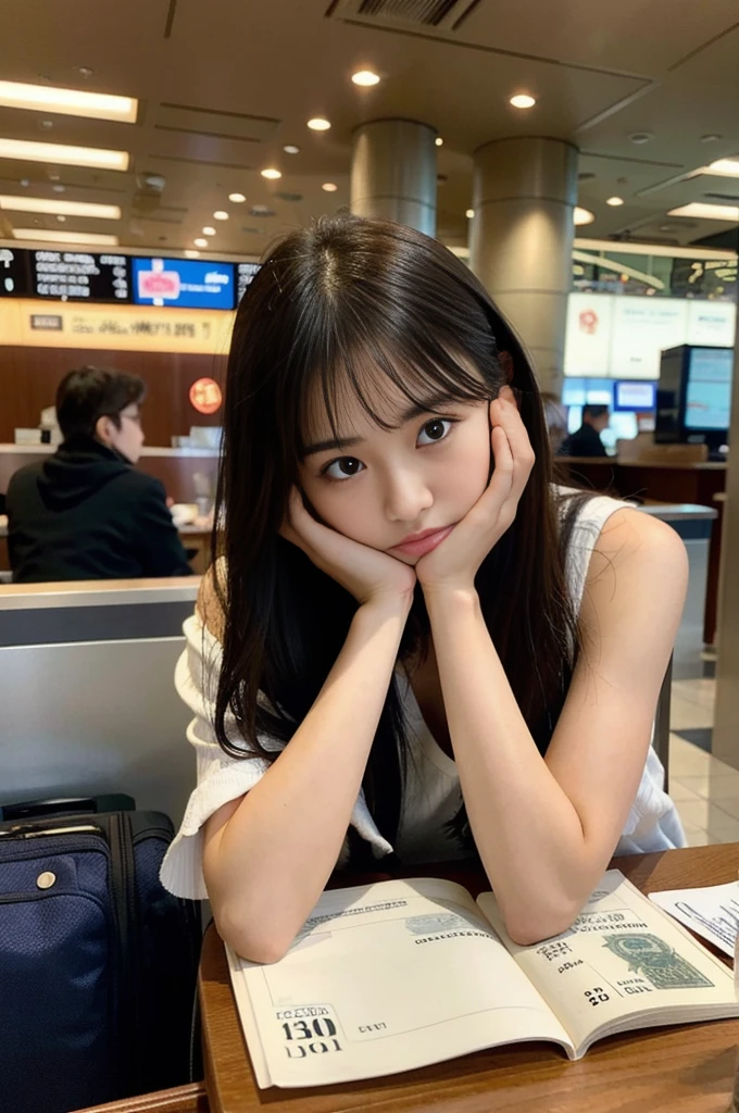 A beautiful young woman holding her head in distress, surrounded by foreign currency and travel items. She is sitting at an airport or in a hotel room, looking worried and confused. The background includes a suitcase, passport, and various international banknotes scattered around. The lighting is dramatic, emphasizing her expression of concern. The scene conveys the stress of dealing with unfamiliar money laws while traveling abroad