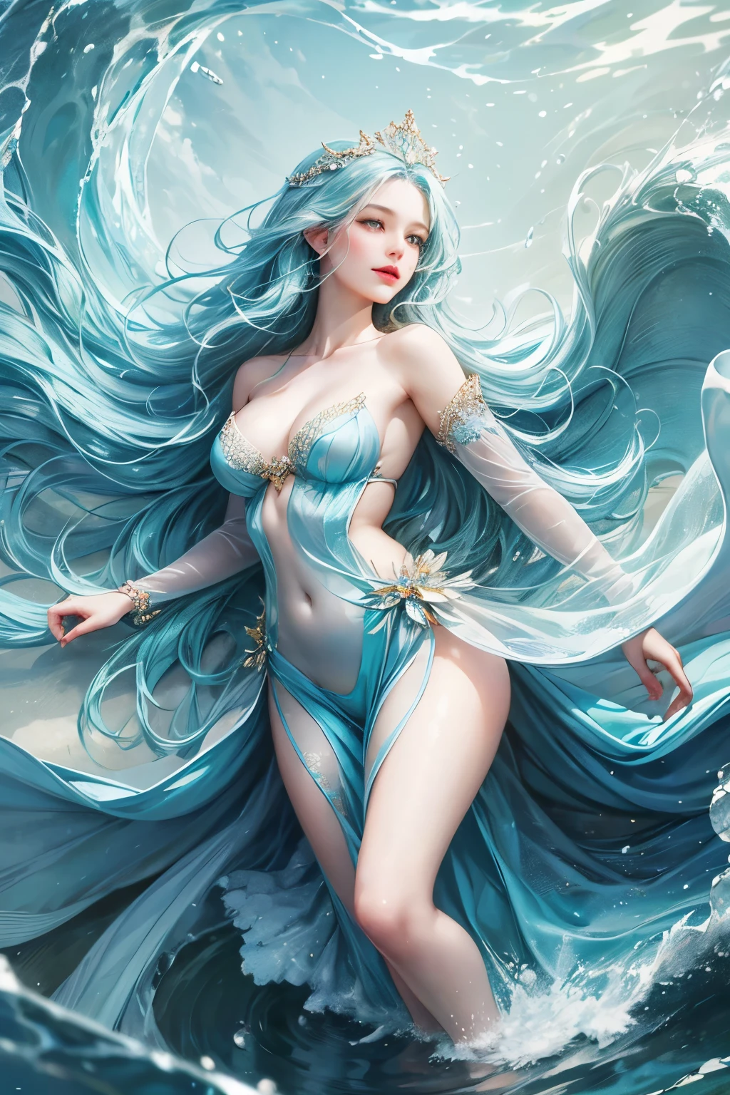 "Create a realistic and enchanting digital illustration of a beautiful female fairy with large, ethereal wings that glisten like flowing water. She should be elegantly dressed in a decent gown that reflects the colors and textures of the ocean. Surround her with dynamic waves and gentle ripples that showcase her control over the element of water. Integrate a distinctive water fairy symbol on her body, signifying her role as the keeper of water and waves, and highlighting the profound aquatic power she possesses within."