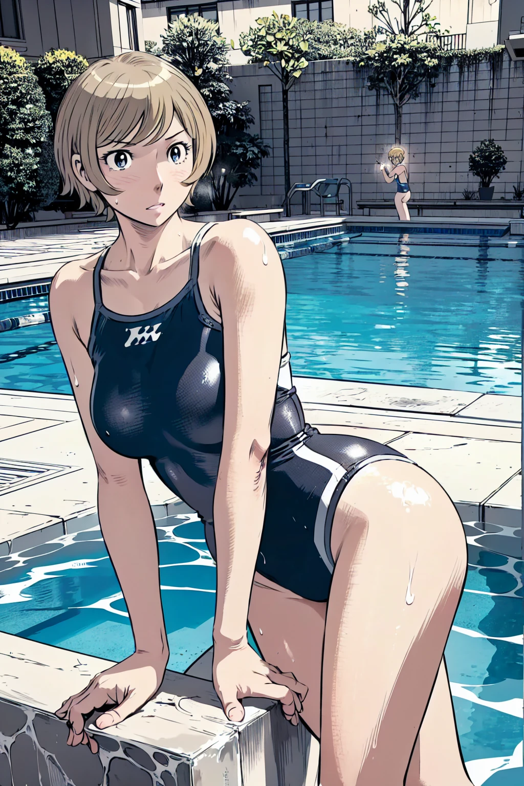 Blue school swimsuit、(masterpiece、Highest quality)、Highest quality, Ultra-high resolution, (((masterpiece))), alone, Sweat、Big eyes, Composition from the front、Shortcuts、Embarrassed face、Blonde、Cut your hair short、School swimming pool、short hair、Pussy Line、Browsing Caution、Butt