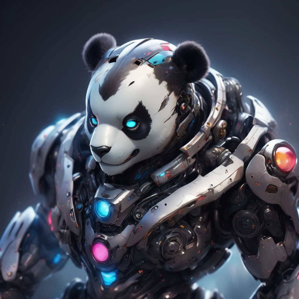 a giant adult-faced furry panda in robot armor, highy detailed, drawn image, complex machinery, futuristic design, glare eyes, dynamic pose, dramatic lighting, swirly vibrant colors, film composition, (best qualityer, 4K, 8K, high resolution, Masterpiece artwork: 1.2 ),ultra detali, アニメ