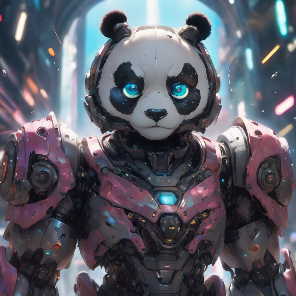 a giant adult-faced furry panda in robot armor, highy detailed, drawn image, complex machinery, futuristic design, glare eyes, dynamic pose, dramatic lighting, swirly vibrant colors, film composition, (best qualityer, 4K, 8K, high resolution, Masterpiece artwork: 1.2 ),ultra detali, アニメ
