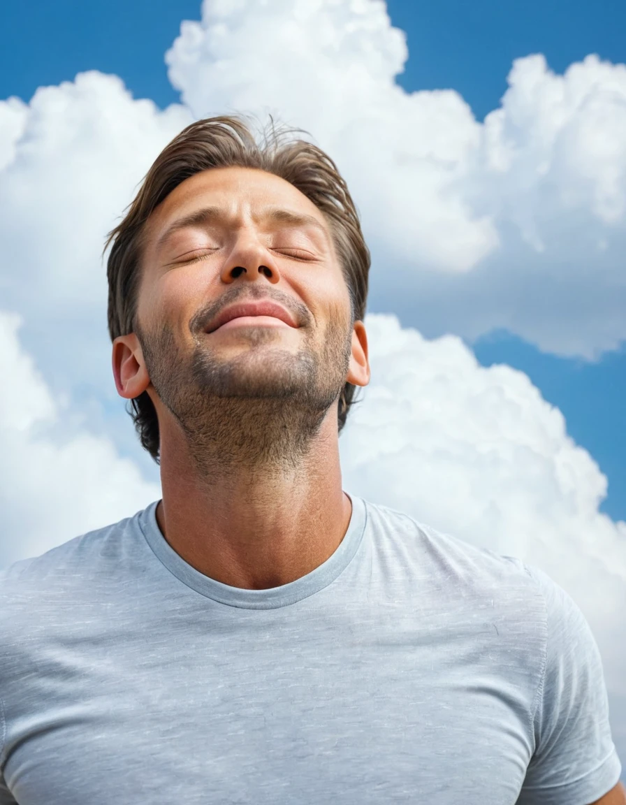 a man flying in a sky, angel,close his eyes ,enjoy his time