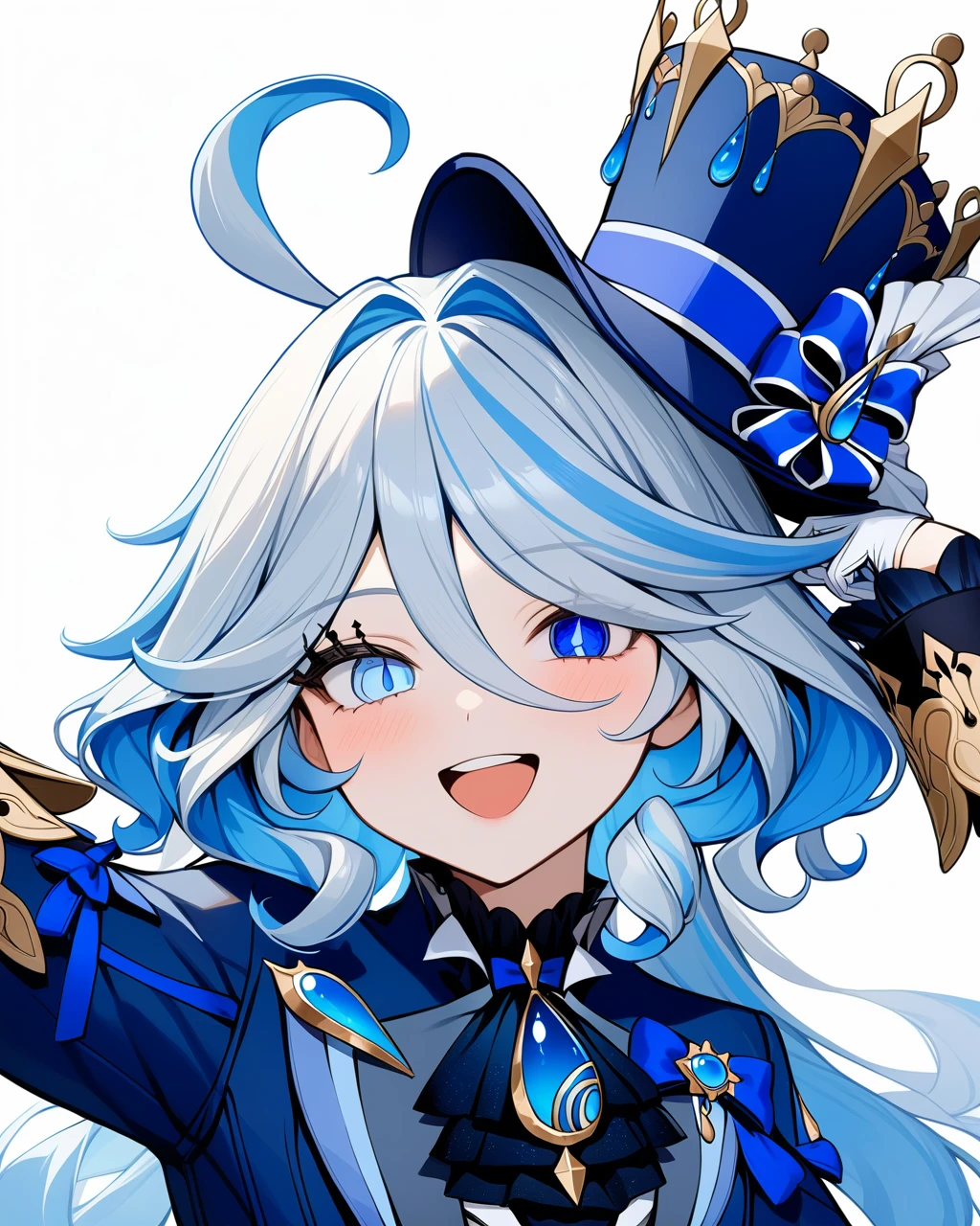 masterpiece,Highest quality,One girl, Furina \(Genshin Impact\), Genshin Impact, Whorl, Top Hat, Blue jacket, Blue Ascot, Blue Brooch, Kodona, Simple Background, Open your mouth, Blue hat, Striped Hair, Upper teeth only, alone, Long Hair, Light blue hair, White Background, smile, Gray Hair, Ahoge, The gloves don&#39;t fit, White gloves, Long sleeve, Hair between the eyes, Blue Gem,Big Breasts,naked,spread legs, sitthing,show off pussy,pussy juice,masturbation,touch pussy,(trembling:1.4),(sweat:1.4),(orgasm:1.7),(wet:1.3),(steam:1.2),