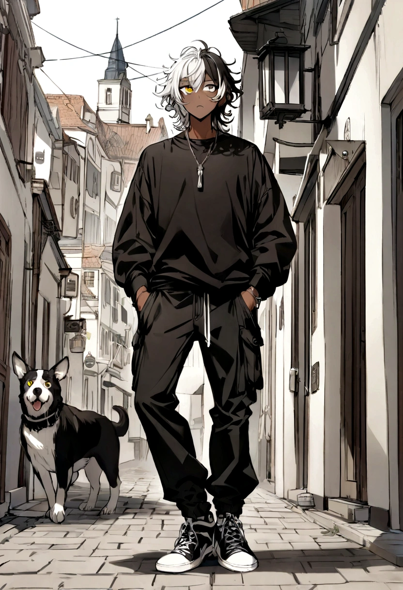 It has a black shirt with silver details, a black hunt, and black and white sneakers ,yellow and black eyes heterochromia, dark expression , Messy hair , Medium length hair , 1 men , black and white hair more black than white , two tone hair , dark skin color has, He's walking around town with his hands in his pockets