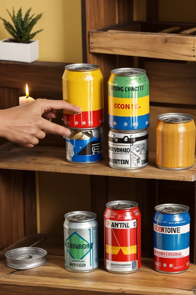 The image appears to be illustrating a DIY craft project using an empty can to create a system engine. It showcases a transformation process from the initial stage of the empty can with candles in front of it to the finished project made from the can and wooden sticks. The person on the right side of the image is shown happily holding a similar completed can project. The text in Bengali on the image translates to "Empty can creating system engine!" indicating the theme of repurposing materials for creative projects. The overall design, with arrows indicating transformation and progression, suggests a tutorial or instructional content typical of YouTube videos or online DIY channels.