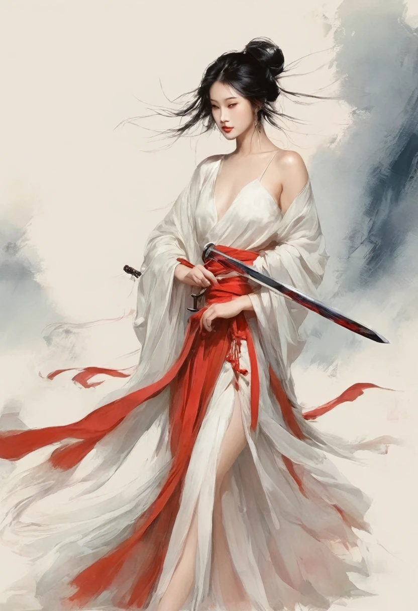 Girl with sword，Simple lines，nude，Big ，Soft and lazy，Holding a red long sword，