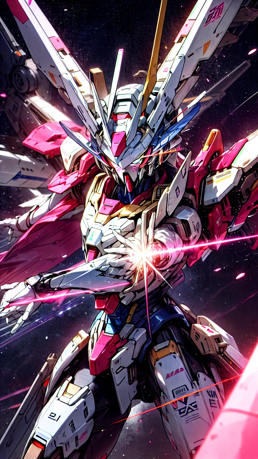 Real、high resolution、8K、The Strike Freedom Gundam stands in space emitting pink light particles.、Particles of light are emitted in all directions from the entire aircraft.、