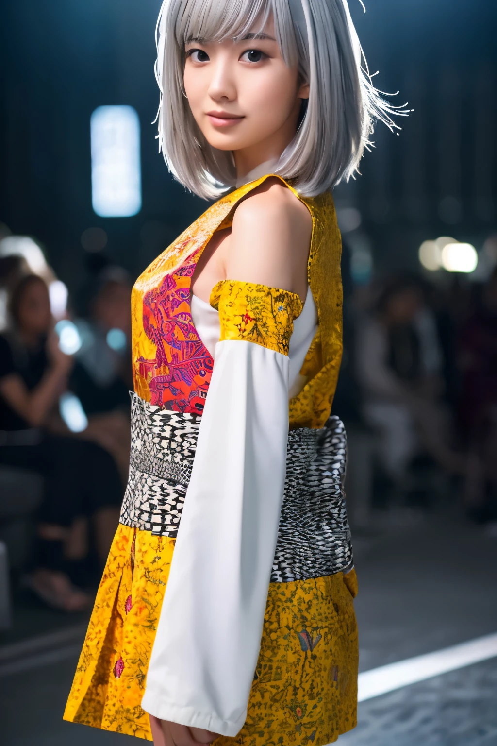 Masterpiece, high quality, high resolution, 8K, (solo:1.2), ((1girl)), Japanese woman, detailed face, detailed eyes, correct body structure, upper body, ((White hair:1.2)), very long hair, messy hair, slender body, seductive silhouette, luminous bones, depth of field, dark photo at nighttime, dimly lit, bangs, Cinematic Lighting, Tyndall effect, abstract background, futuristic outfits, vibrant colors, modern style, wide sleeves, artistic, unique patterns, colorful, stylish, trendy