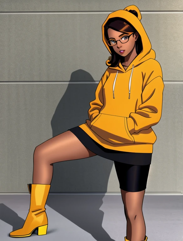 (masterpiece, top quality, best quality, official art, beautiful and aesthetic:1.2), 1girl, solo, 20 year old college student, she has tan-bronze skin with some freckles, short black hair with orange highlights, amber colored eyes, (Wearing a yellow hoodie, black pencil skirt, glasses and heeled boots), standing, extremely detailed, portrait, looking at viewer, (full body:0.6), college background, detailed background