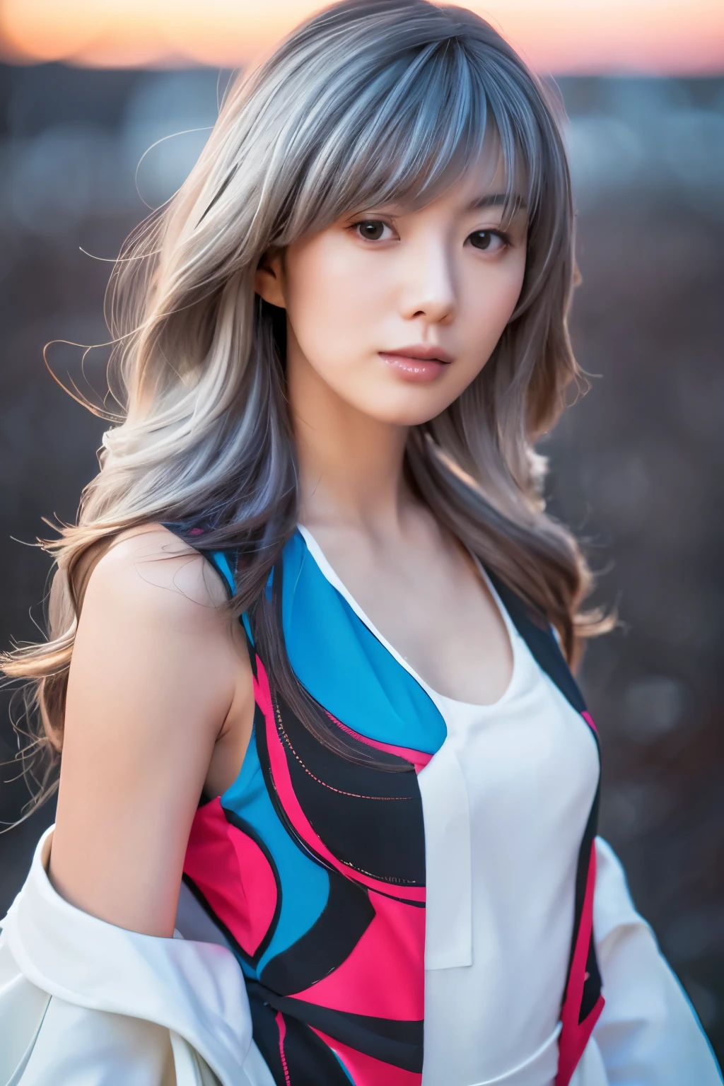 Masterpiece, high quality, high resolution, 8K, (solo:1.2), ((1girl)), Japanese woman, detailed face, detailed eyes, correct body structure, upper body, ((White hair:1.2)), very long hair, messy hair, slender body, seductive silhouette, luminous bones, depth of field, dark photo at nighttime, dimly lit, bangs, Cinematic Lighting, Tyndall effect, abstract background, futuristic outfits, vibrant colors, modern style, wide sleeves, artistic, unique patterns, colorful, stylish, trendy