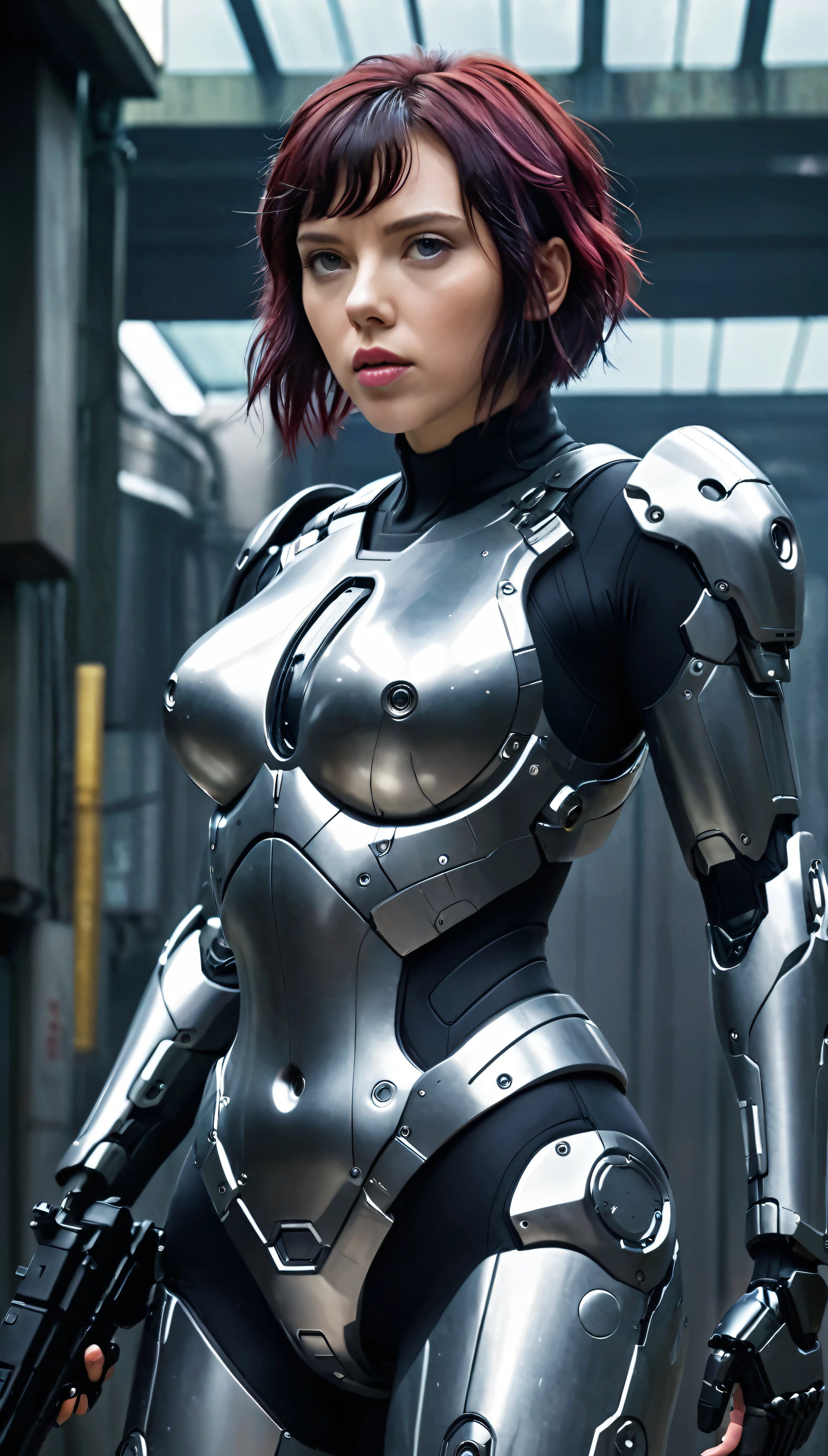 A scene from a movie，（Scarlett Johansson in Ghost in the Shell。）Futuristic atmosphere with gun in hand。Mecha Cyber Armor Girl、Mechanized soldier girl、CGSsocietyとFenghua Zhong、Perfect android girl、A beautiful woman in perfect armor and armor