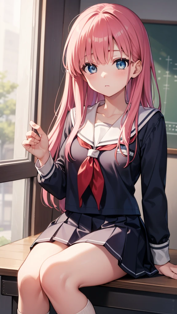 Yuokahara Village, Notaka Haramura, blue eyes, hair bow, Long hair, Pink Hair, bow,
rest blue skirt, Kiyosumi school uniform, pleated skirt, , Seraph, skirt,
rest looking at viewer,
rest indoors, classroom,
rest (masterpiece:1.2), best quality, high resolution, Unity 8K wallpaper, (illustration:0.8), (Beautiful and delicate eyes:1.6), Extremely detailed face, Perfect lighting, Extremely detailed CG, (Perfect hands, Perfect anatomical structure),
