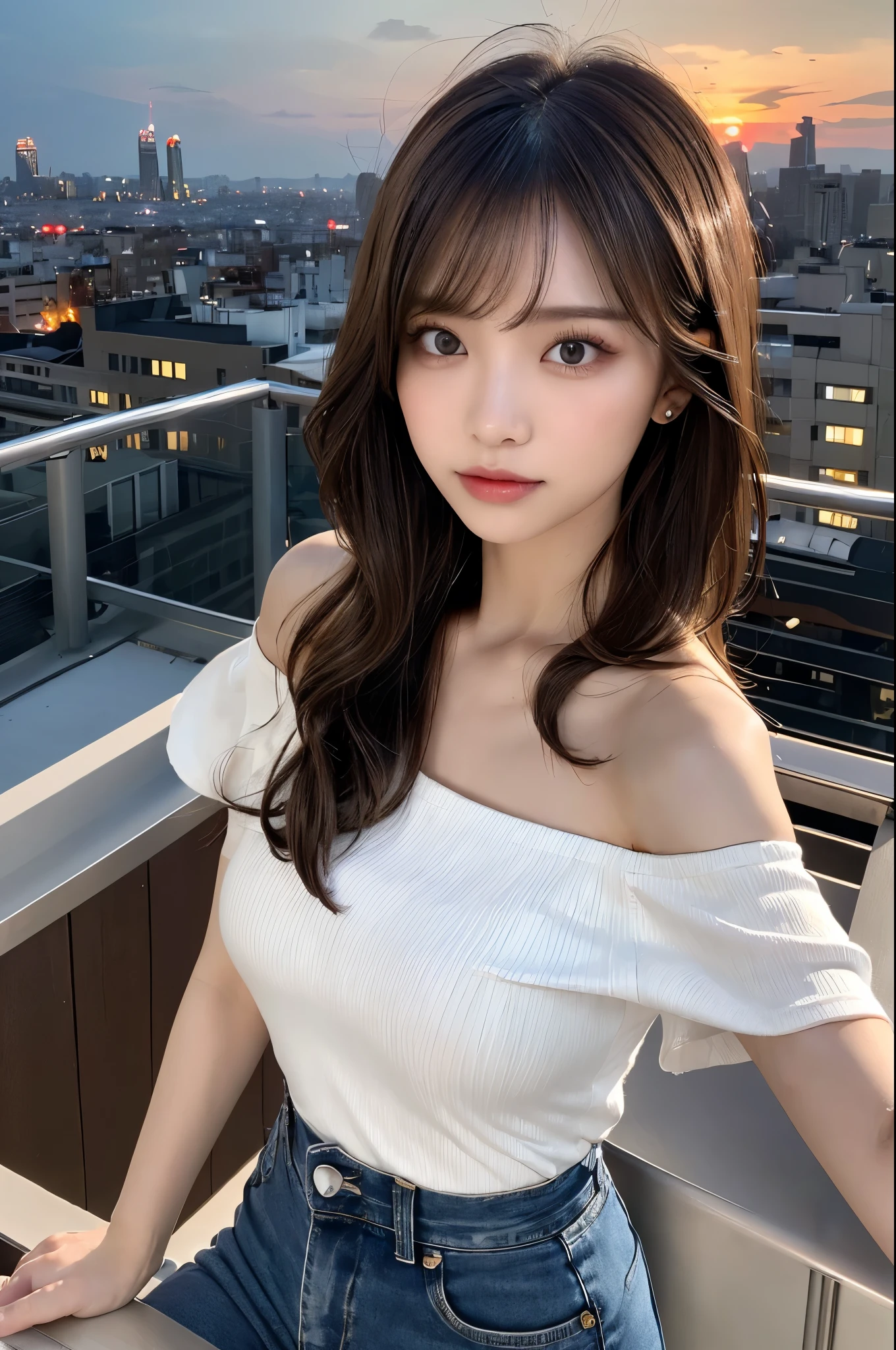 ((Midnight, Highest quality, 8K, masterpiece :1.3)), whole body, Long legs, Sharp focus :1.2, Beautiful woman with perfect figure :1.4, Slim Abs :1.1, ((Dark brown hair, Big Breasts :1.2)), (White tight T-shirt, Jean Bib, Are standing:1.2), ((Night city view, rooftop:1.3)), Highly detailed face and skin texture, Fine grain, double eyelid, sunset, Darken, Backlight, Off the shoulder