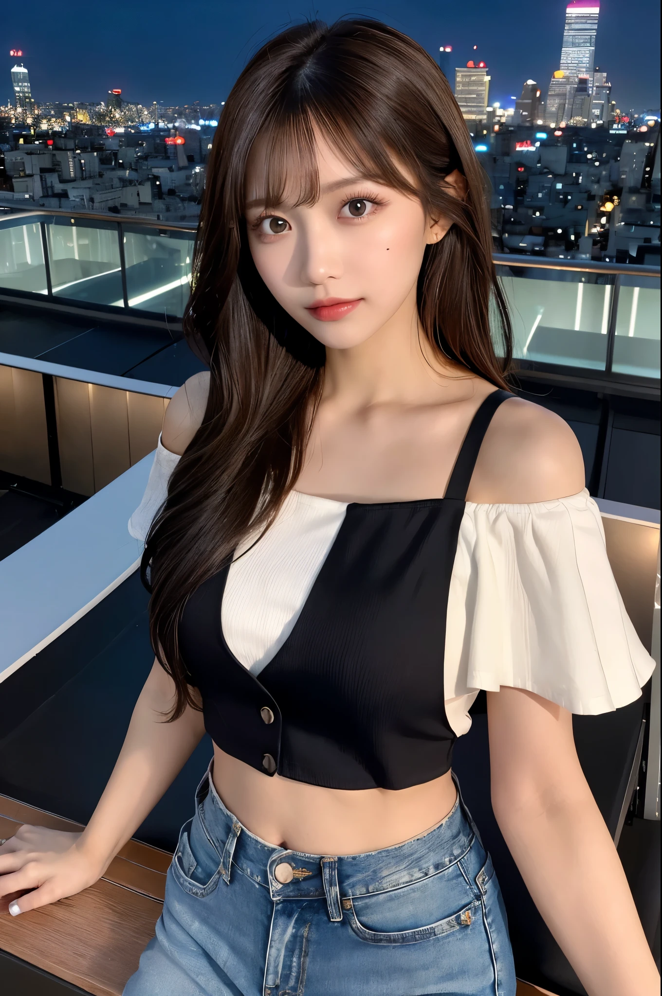 ((Midnight, Highest quality, 8K, masterpiece :1.3)), whole body, Long legs, Sharp focus :1.2, Beautiful woman with perfect figure :1.4, Slim Abs :1.1, ((Dark brown hair, Big Breasts :1.2)), (White tight T-shirt, Jean Bib, Are standing:1.2), ((Night city view, rooftop:1.3)), Highly detailed face and skin texture, Fine grain, double eyelid, sunset, Darken, Backlight, Off the shoulder