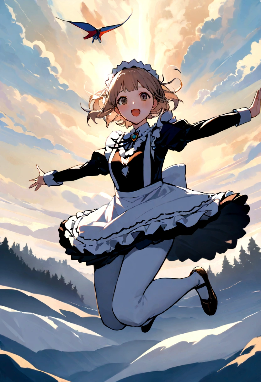 Masterpiece、Landscapeの、Landscape、Landscapeのメイド、ビルの上をJump、From Lawn Angle、Maid clothes、beautiful girl、Maid Costume、Frills fluttering in the wind、ビルの合間をJumpする、there is a man that is Jumping in the air with a kite, Leap into the air, Jump pose, Jumping towards viewer, horizontally Leap!!!, Jumping for joy, Leap, Aerial浮揚, Rise from the ground, Leap towards viewer, ultra - high Jump, Jumping, Leap with arms up, Aerial, Jump