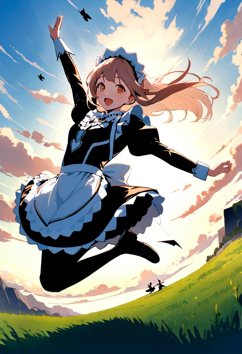 Masterpiece、Landscapeの、Landscape、Landscapeのメイド、ビルの上をJump、From Lawn Angle、Maid clothes、beautiful girl、Maid Costume、Frills fluttering in the wind、ビルの合間をJumpする、there is a man that is Jumping in the air with a kite, Leap into the air, Jump pose, Jumping towards viewer, horizontally Leap!!!, Jumping for joy, Leap, Aerial浮揚, Rise from the ground, Leap towards viewer, ultra - high Jump, Jumping, Leap with arms up, Aerial, Jump