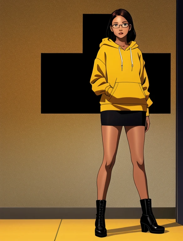 (masterpiece, top quality, best quality, official art, beautiful and aesthetic:1.2), 1girl, solo, 20 year old college student, she has tan-bronze skin with some freckles, short black hair with orange highlights, amber colored eyes, (Wearing a yellow hoodie, black pencil skirt, glasses and heeled boots), standing, extremely detailed, portrait, looking at viewer, (full body:0.6), college background, detailed background
