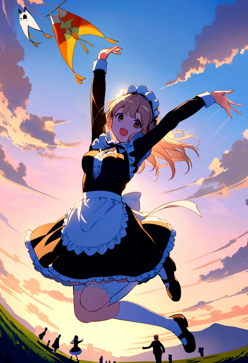 Landscapeの、Landscape、Landscapeのメイド、ビルの上をJump、From Lawn Angle、Maid clothes、beautiful girl、Maid Costume、Frills fluttering in the wind、ビルの合間をJumpする、there is a man that is Jumping in the air with a kite, Leap into the air, Jump pose, Jumping towards viewer, horizontally Leap!!!, Jumping for joy, Leap, Aerial浮揚, Rise from the ground, Leap towards viewer, ultra - high Jump, Jumping, Leap with arms up, Aerial, Jump