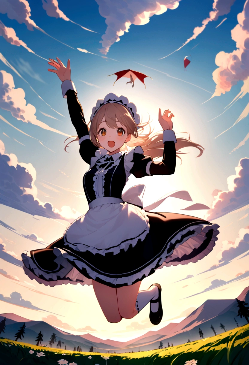 Landscapeの、Landscape、Landscapeのメイド、ビルの上をJump、From Lawn Angle、Maid clothes、beautiful girl、Maid Costume、Frills fluttering in the wind、ビルの合間をJumpする、there is a man that is Jumping in the air with a kite, Leap into the air, Jump pose, Jumping towards viewer, horizontally Leap!!!, Jumping for joy, Leap, Aerial浮揚, Rise from the ground, Leap towards viewer, ultra - high Jump, Jumping, Leap with arms up, Aerial, Jump