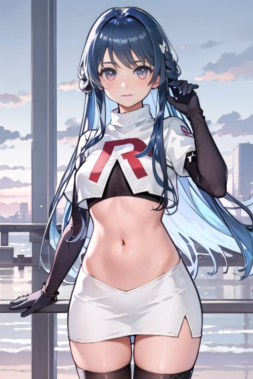 photorealistic, (4k), depth of field, (Masterpiece), (realistic skin texture), extremely detailed, intricate, hyper detailed, professional photography, high resolution, sharp detail, best quality, woman, tanned skin, long hair, blue hair, yellow eyes, solo, team rocket,team rocket uniform, red letter R, white skirt,white crop top,black thigh-highs,black elbow gloves