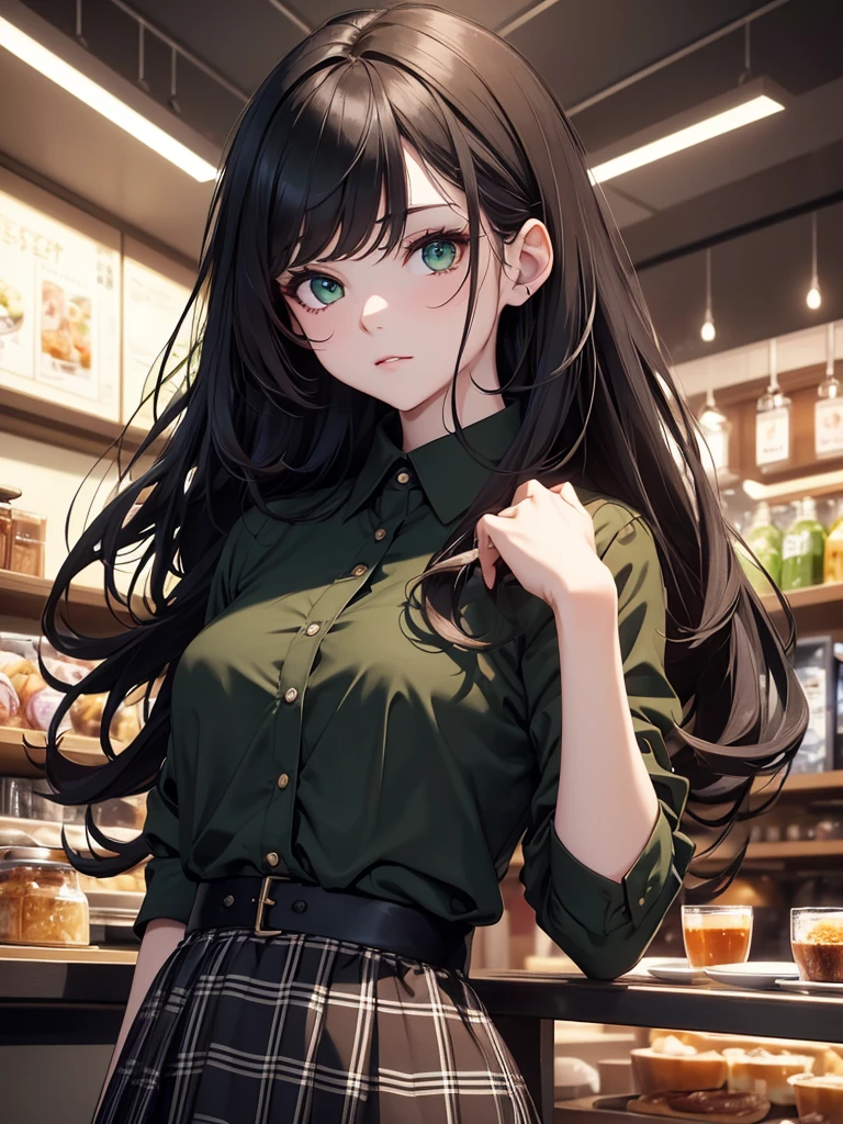(8K, Best Quality, Masterpiece, Ultra High Resolution) 1 Girl, Woman, Beautiful Eyes, Face Details, Dark Black Hair, Long Hair, Green Eyes, Pale Skin, Black Shirt, Plaid Skirt, Cafe, Tokyo, Best Quality, Upper Body, Looking at the Viewer, Facing Viewer, Close Up