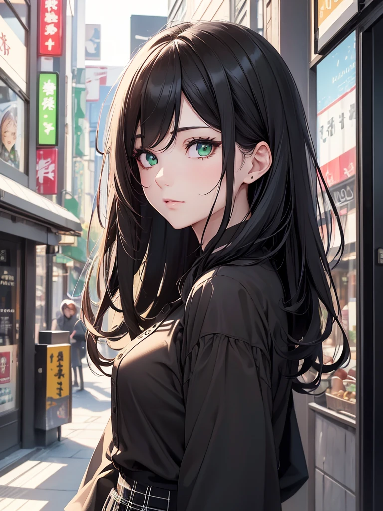 (8K, Best Quality, Masterpiece, Ultra High Resolution) 1 Girl, Woman, Beautiful Eyes, Face Details, Dark Black Hair, Long Hair, Green Eyes, Pale Skin, Black Shirt, Plaid Skirt, Cafe, Tokyo, Best Quality, Upper Body, Looking at the Viewer, Facing Viewer, Close Up