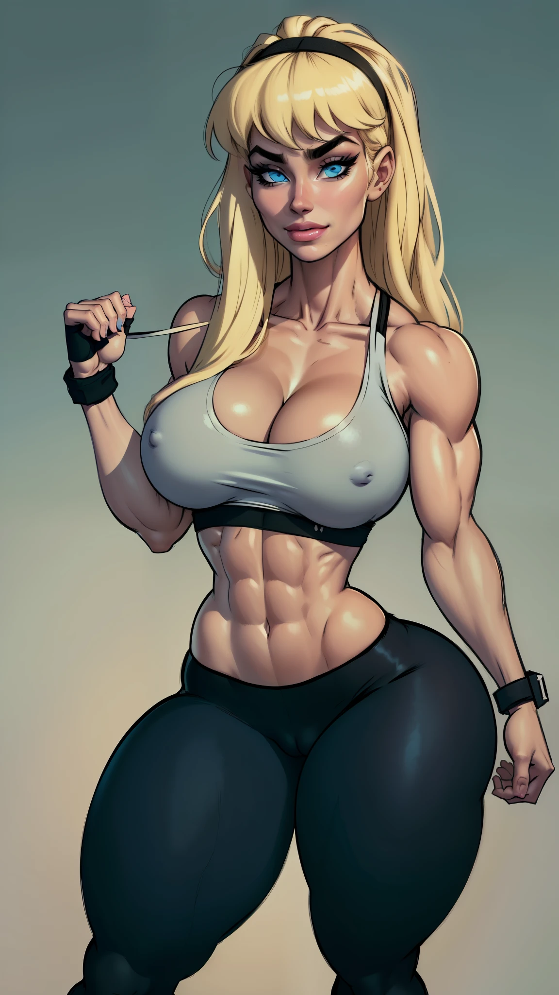 (gym), WITH YOUR BACK TO THE CAMERA,((ultra quality)), ((masterpiece)), supes, cute smile, smile, ((long blonde hair)), (Beautiful face), (beautiful female lips), charming, ((sexy facial expression)), (white skin color), (white skin), glare on the body, ((detailed beautiful female eyes)), ((blue eyes)), (juicy female lips), (dark eyeliner), (tank top, midriff, ), ( black headband))), (((leggings))), wide eyebrows, abs, slanted green eyes, makeup eyelids, big cheekbones, thin cheeks, defined jaw, (beautiful female hands), ((ideal female figure)), ideal female body, beautiful waist, gorgeous thighs, beautiful huge breasts, cleavage,((subtle and beautiful)), sexy worth