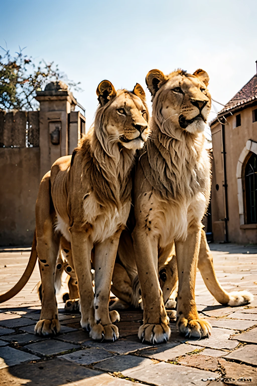 Make a picture of 2 lions and a dove in the middle