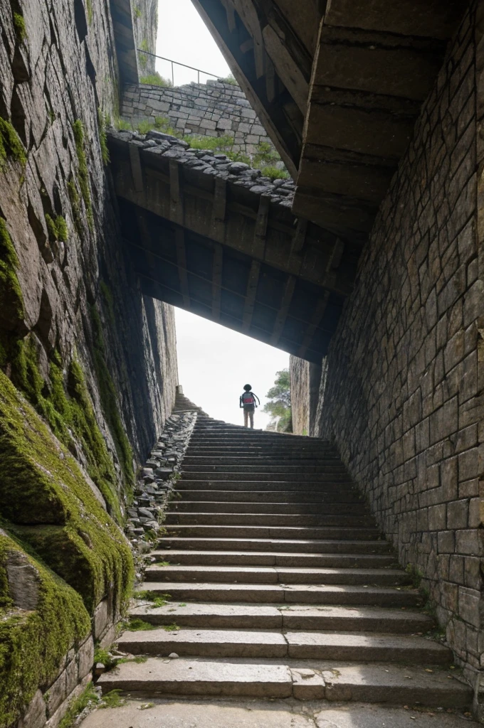 real image of a very long immense staircase, broken with one or another stone block crossing the pass, without a step, that reflects the danger of climbing that staircase and 3 student children with white overalls and backpacks on the first step and one that another  has been able to climb  , that represents the obstacles or difficulties that some students may face in their educational path.