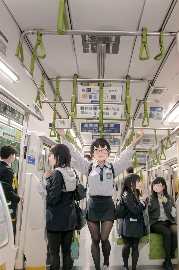 Japanese people.Japan.Girl.10th Generation.Primary school students.crowded train.summer.Sweaty.Armpit sweat.Small breasts.Wearing glasses.Long Hair.