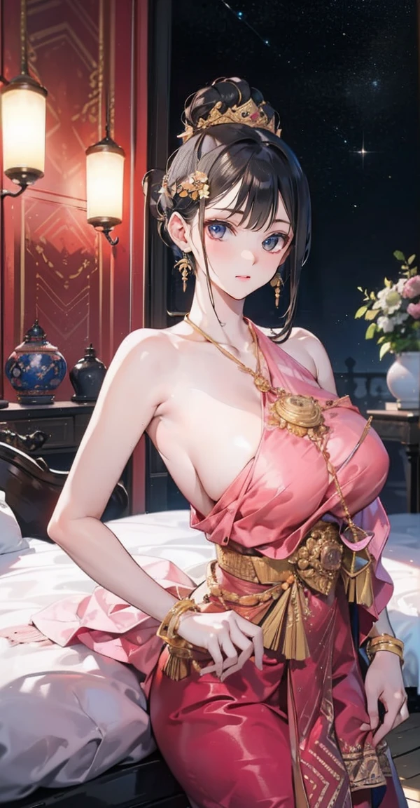 Group of 5 princesses,(5 young women,many young women), (in the bedroom), Various hair styles, harem, Wearing a strapless Thai dress.., at night, detailed face, big breasts, short skirt, mule, Sleeveless , Show your armpits, at night, starry at night,(large areolae:1.4,pink,The nipples are clearly visible....),topless